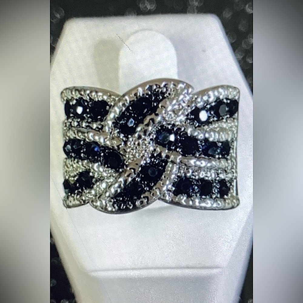 Elegant silver and simulated sparkling stones blue eternity ring size 9